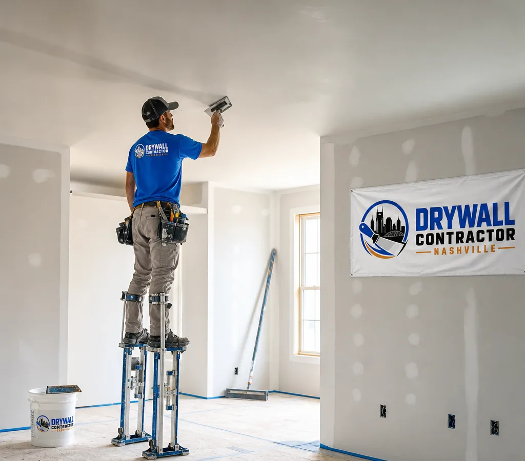 Drywall contractor finishing a ceiling and wall in a protected Nashville home