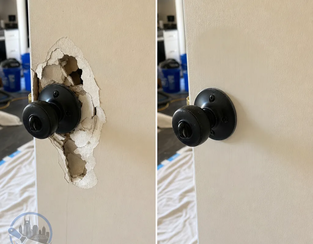 Before and after doorknob hole repair with a flat paint-ready finish
