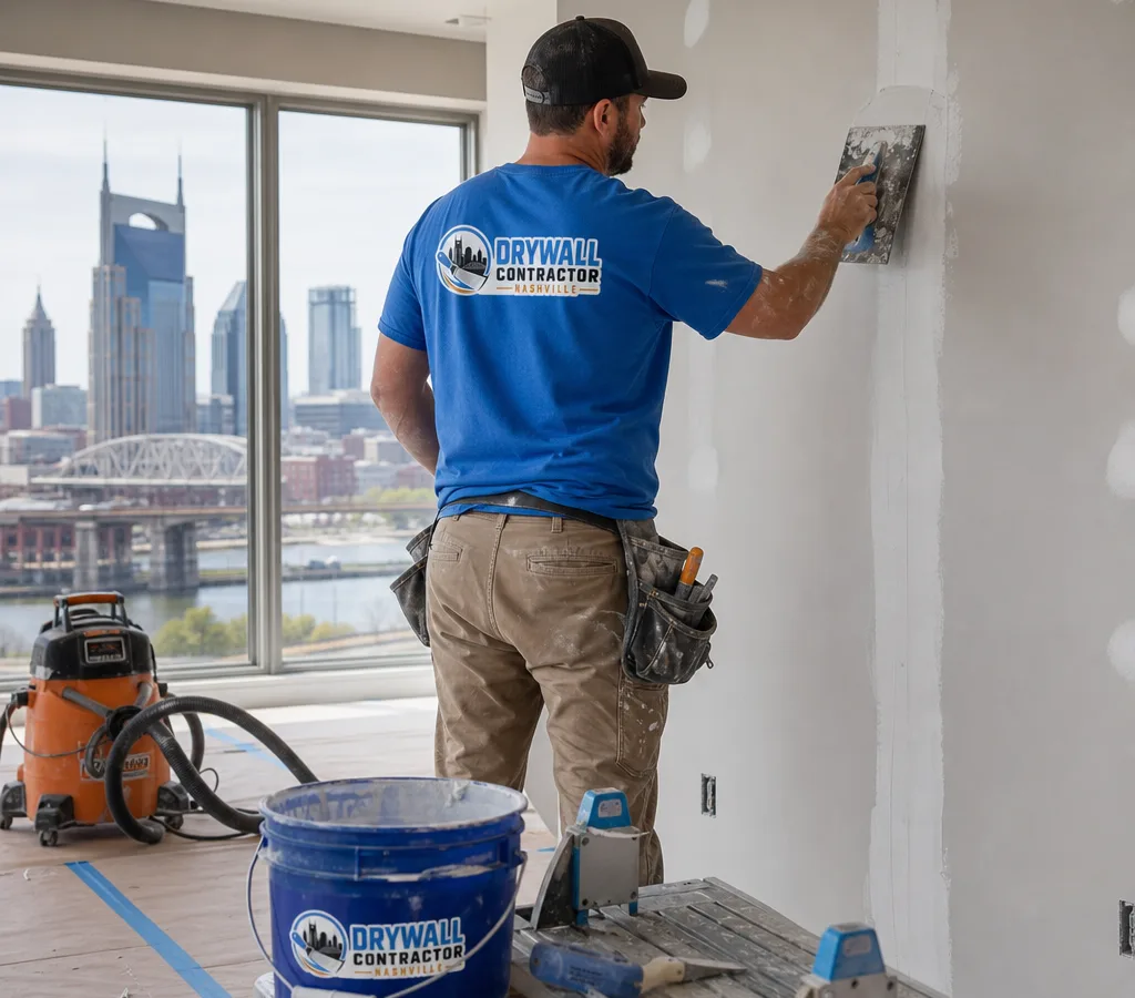 Technician finishing a drywall patch in a clean, dust-controlled Nashville home