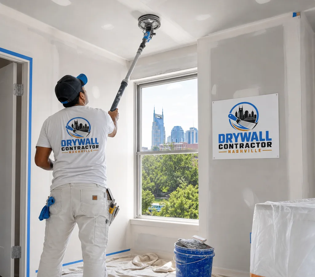 Technician finishing a drywall repair in a protected Nashville home with a smooth paint-ready wall