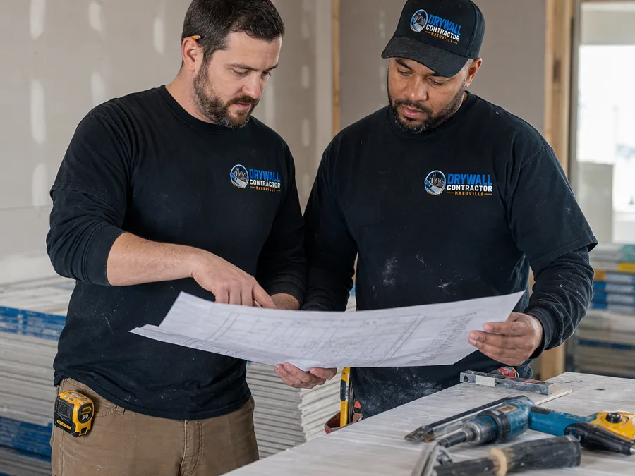 Two-person drywall crew reviewing a job plan beside drywall sheets and tools